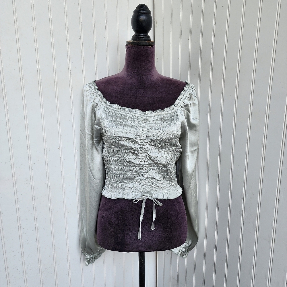 Japna Satin Smoked Long Sleeve Cropped Top Blouse Lighweight Ice Blue Sz L
